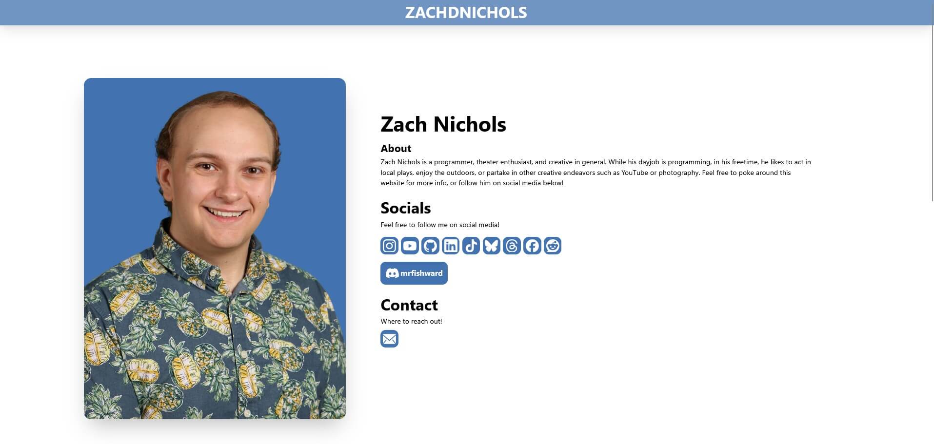 A screenshot of the homepage of this website, showing a photo of Zach Nichols and some text about him.
