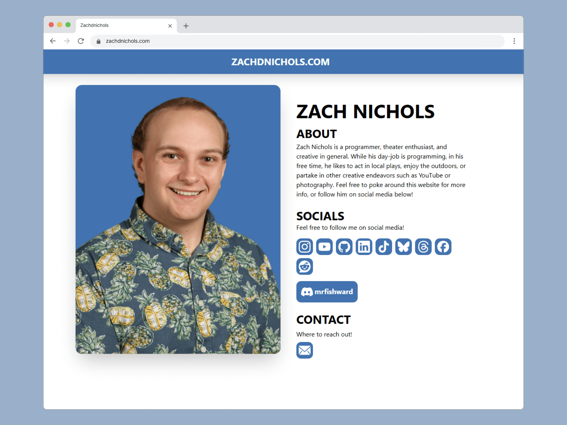 A screenshot of the homepage of this website, showing a photo of Zach Nichols and some text about him.